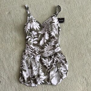 Women Tropical One Piece swim dress- olive green and White